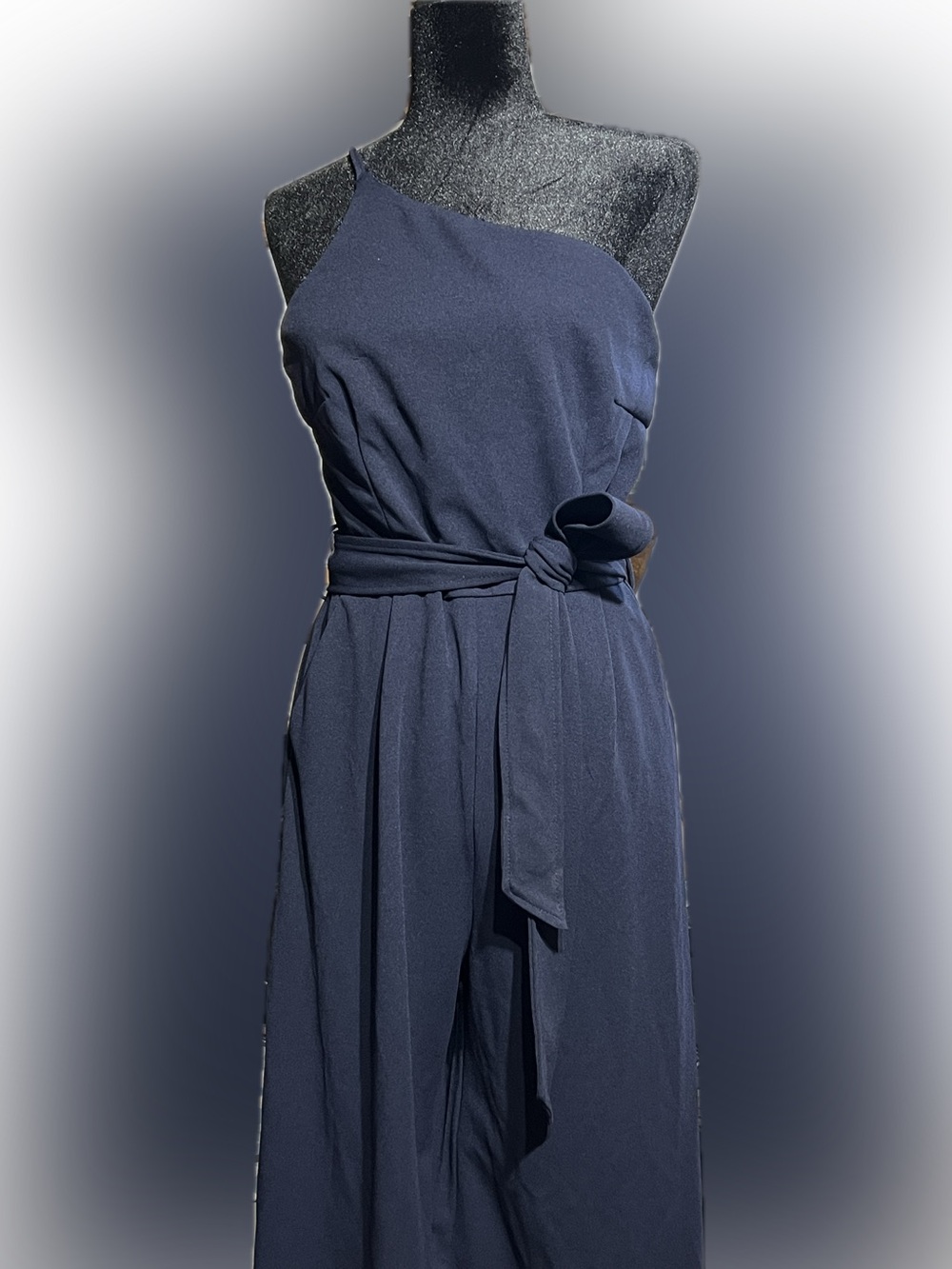 One-Shoulder Navy Belted Jumpsuit